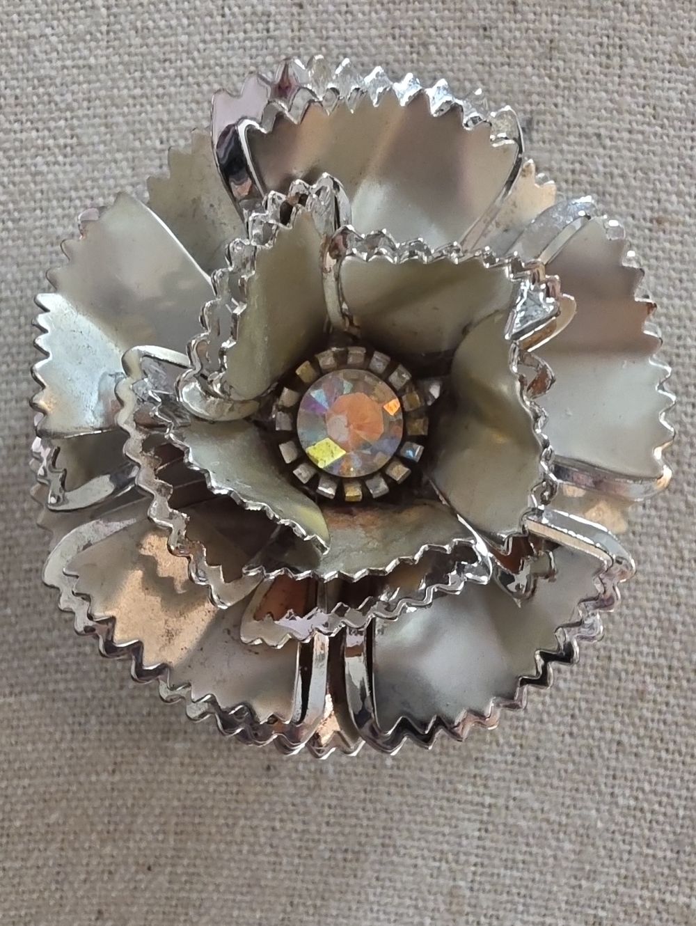 Vintage Mid Century 3D Flower Brooch Silver Tone AB Rhinestone Carnation Brooch
